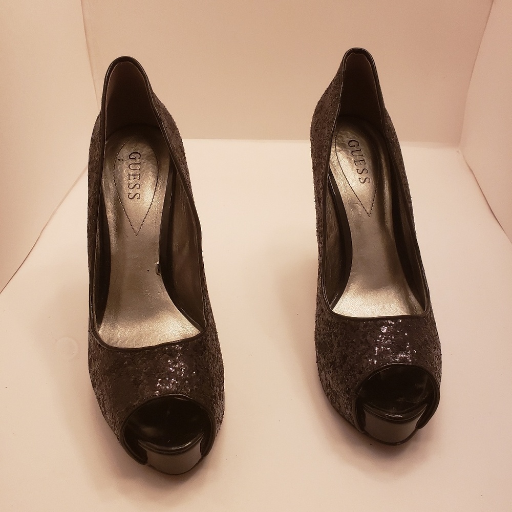 Guess Black Glitter Peep Toe Pump